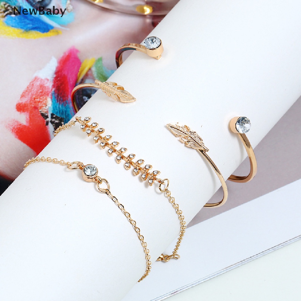 4pcs / set Gelang Bangle Adjustable Desain Daun Geometris Aksen Kristal Untuk Wanita