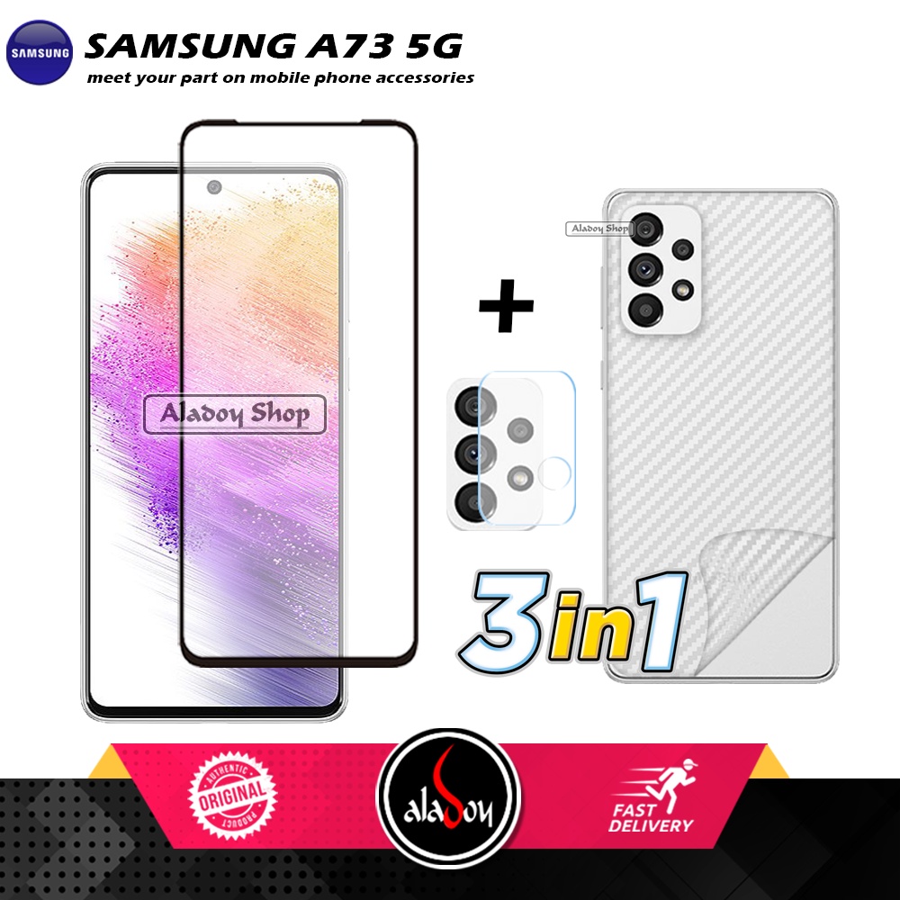 PROMO 3 IN 1 PAKET Tempered Glass SAMSUNG A73 5G 2022 Free Tempered Glass Camera dan Skin Carbon