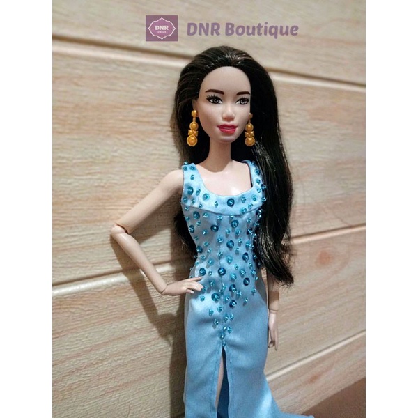Baju Boneka Barbie, Custom Gaun Malam Pesta, Kombinasi Kain Satin & Payet, Warna Biru Muda, Unik Can