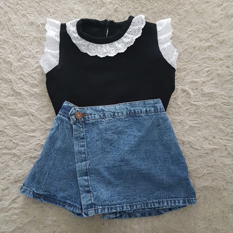 Baju Rok Jeans Anak setelan kaos rib skort jeans