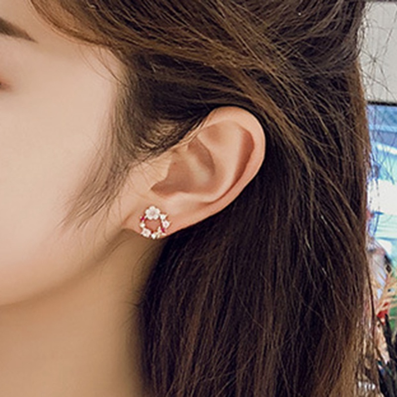 Anting Tusuk Rose Gold Desain Bunga Hias Kristal Zircon Mutiara Untuk Wanita