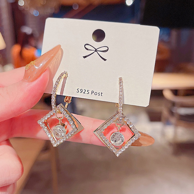 Anting Tusuk Gantung Bahan Sterling silver 925 Desain Geometri Hias Zircon / Berlian High Quality Untuk Wanita