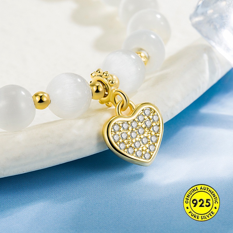 Gelang S925 Silver Opal Zircon Bentuk Hati Warna Emas Untuk Wanita