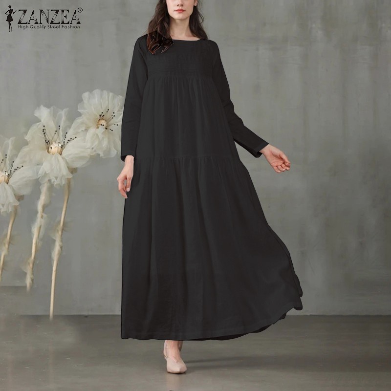 ZANZEA Women Solid Color Long Sleeve Ruffl Hem Swing Maxi Dress