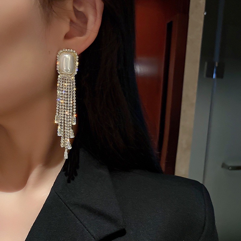 Anting Rumbai Panjang Hias Mutiara Berlian Imitasi