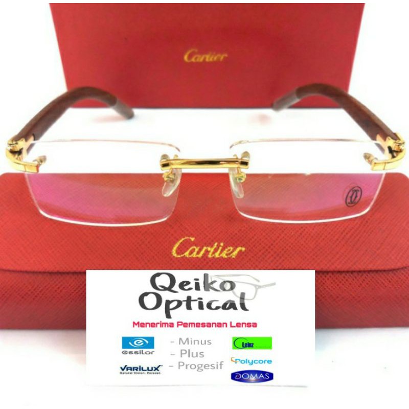 Kacamata Frame Pria Wanita Original Cartier Woods C9 Rimless-Signature Gold Elegan