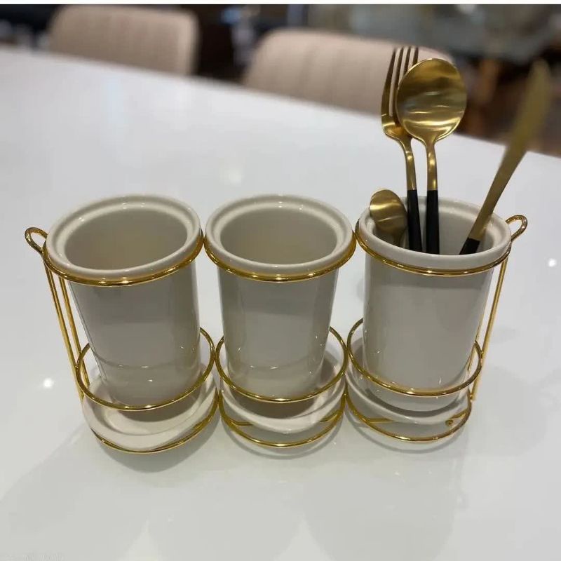 Tempat Sendok + Rak 3in1 Set Putih Gold || Tempat Sendok Mewah Informa || Cutlery Holder Informa