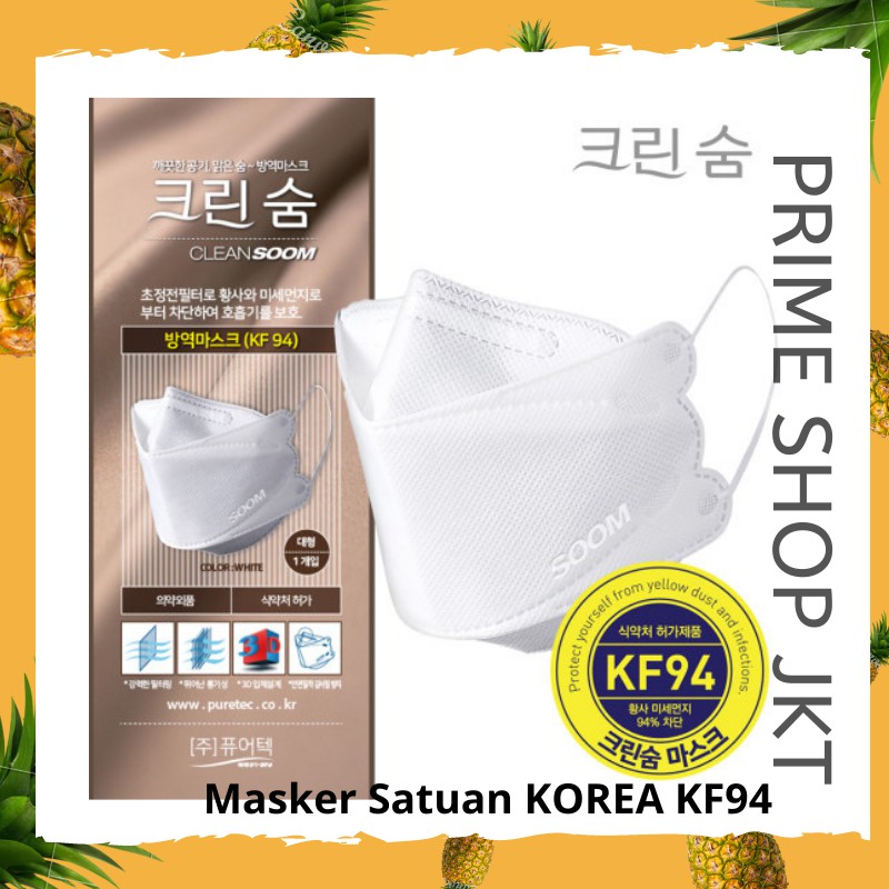 Clean Soom Masker Korea KF94 Mask ASLI Korea Masker Putih Satuan Pack
