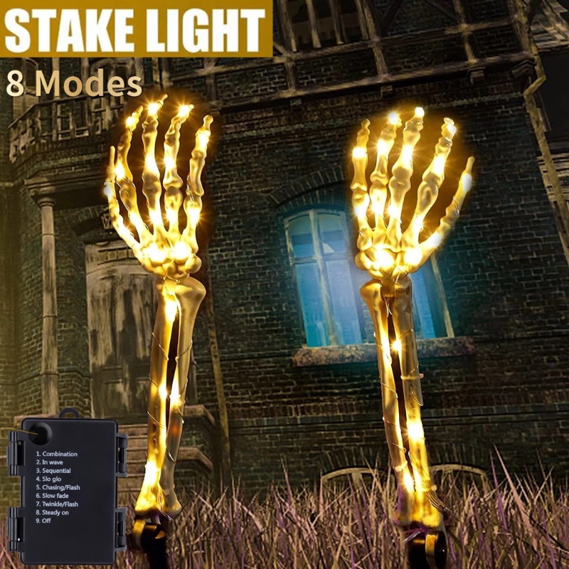 Ornamen Lampu 40 Led 8 Mode Desain Tangan Tengkorak Hantu Tenaga Baterai Untuk Dekorasi Pesta Halloween