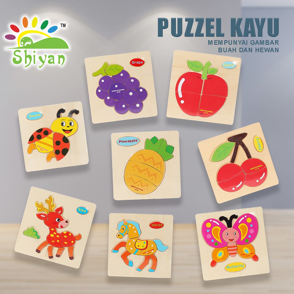 [Shiyan] mainan puzzle kayu bergambar mainan edukasi anak bentuk transportasi, hewan, dan buah