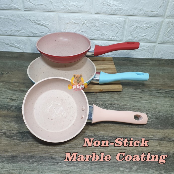 SET3 Teflon Telur Frypan Mini Warna pastel Gagang Marble Coating 12-16