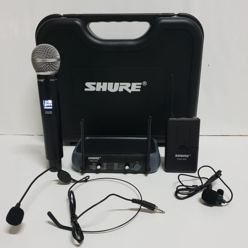 Mic wireless shure PGX-242/URD-11 mic bando+clip on Mic imam all-2
