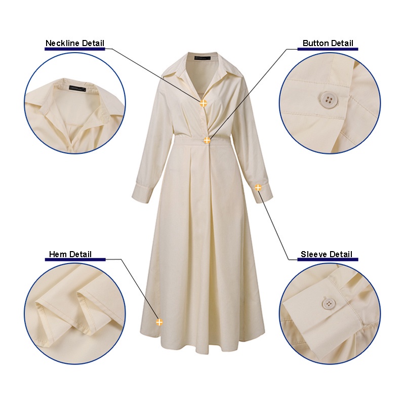 ZANZEA Women Long Sleeve Turn-Down-Collar Solid Color High Waist Casual Maxi Dress