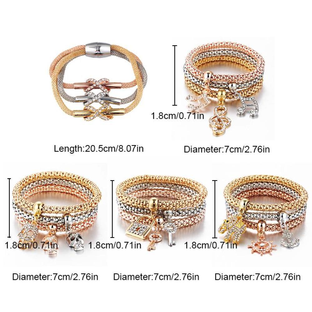 Timekey 3pcs / Set Gelang Tangan Elastis Banyak Lapis Aksen Kupu-Kupu / Kunci / Hati / Kunci / Kristal Untuk Wanita L2R9