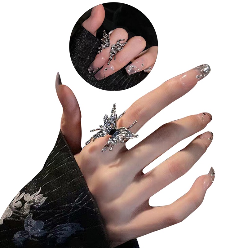 Cincin Model Terbuka Desain Kupu-Kupu Asimetris Bahan Metal Gaya Punk / Gothic Untuk Wanita