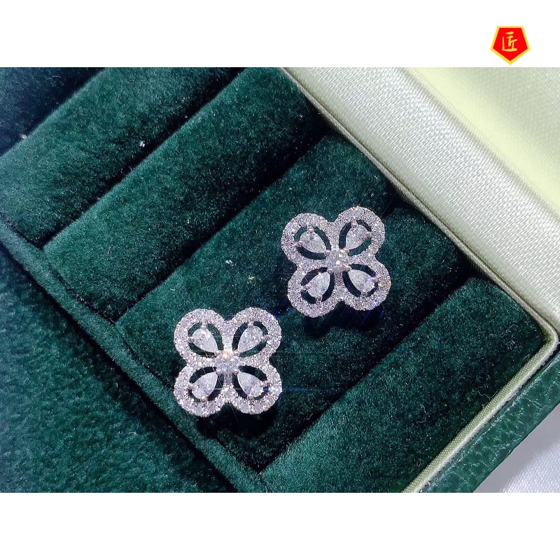 [Ready Stock]Fashion Four-Leaf Clover Moissanite Ear Stud Necklace