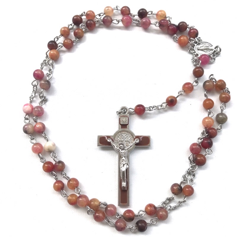 kalung rosario batu alam warna pastel sunstone anti karat / rosario makassar