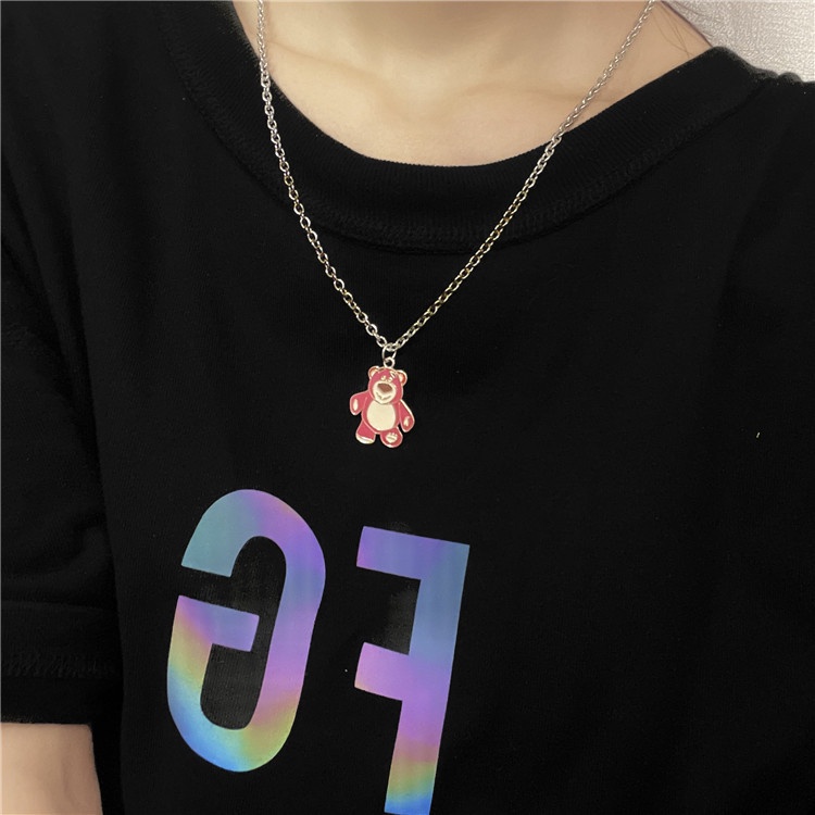 Kalung Rantai Klavikula Desain Beruang Warna Pink Gaya Hip Hop