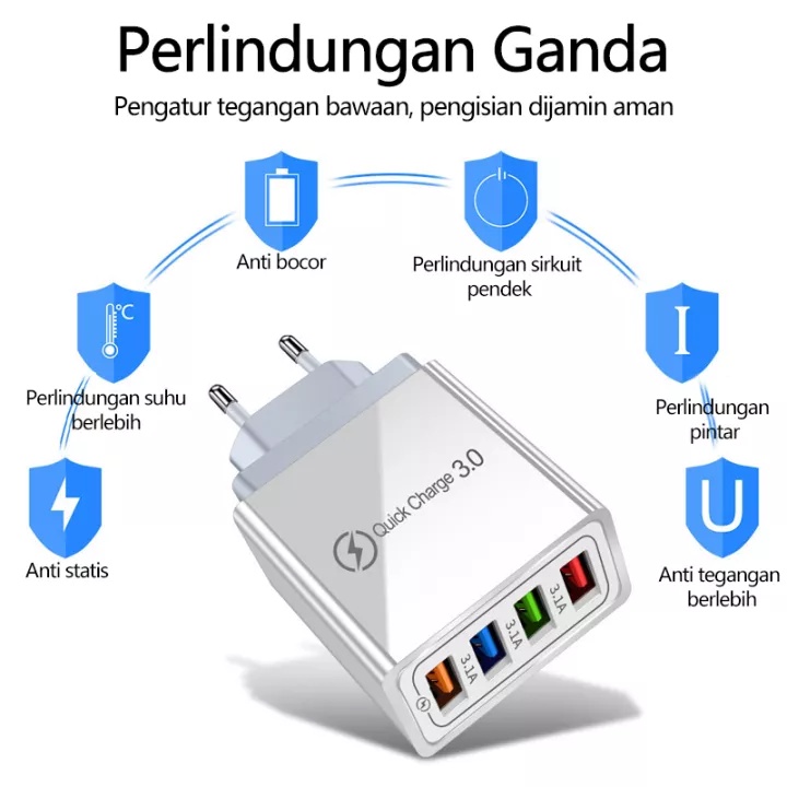 EZPZ Adapter Charger 5V 3.1A 4 Port USB Quick Charging Fast Charging Pengisian Daya Cepat+Lampu LED