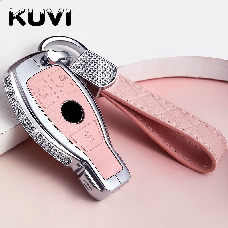 Diamond Zinc Alloy Leather Car Key Bag Case Cover Key Holder For Mercedes Benz W203 W210 W211 W124 W