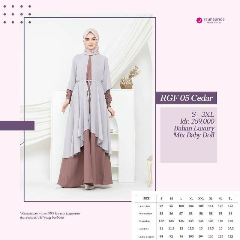 Gamis muslimah RAUNA RGF 05 COKSU | RGF 05 CEDAR | RGF 05 ABU ABU | RGD 05 UNGU | SARIMBIT RAUNA SR 05