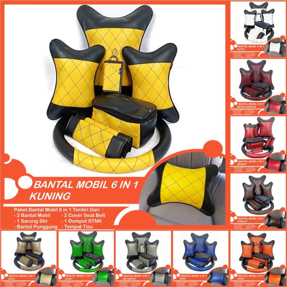 Set Bantal Mobil 6 in 1 Premium Bantal Leher Pinggang Cover Stir Seatbelt Tempat Tisu Free  Dompet STNK