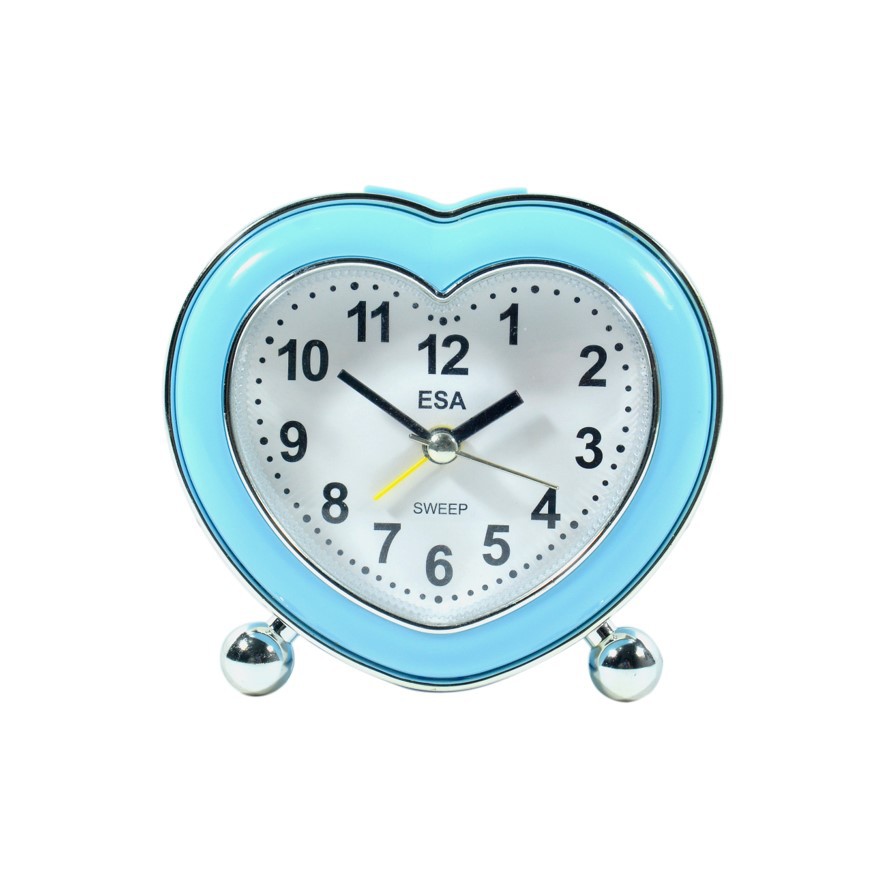 Jam Meja Weker Alarm Clock Bentuk Hati Biru 11cm Sweep Movement Free Baterai