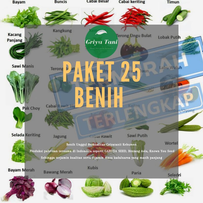 Bibit Sayuran Benih Paket Lengkap 25 Macam Benih Sayuran Paket Murah Pemula 30 Hari Panen Benih Bibit Sayur Lengkap Unggul Berkualitas Premium Seed Benih Unggul Griyatani Store Kebumen Kangkung Cabe Sawi Selada-2