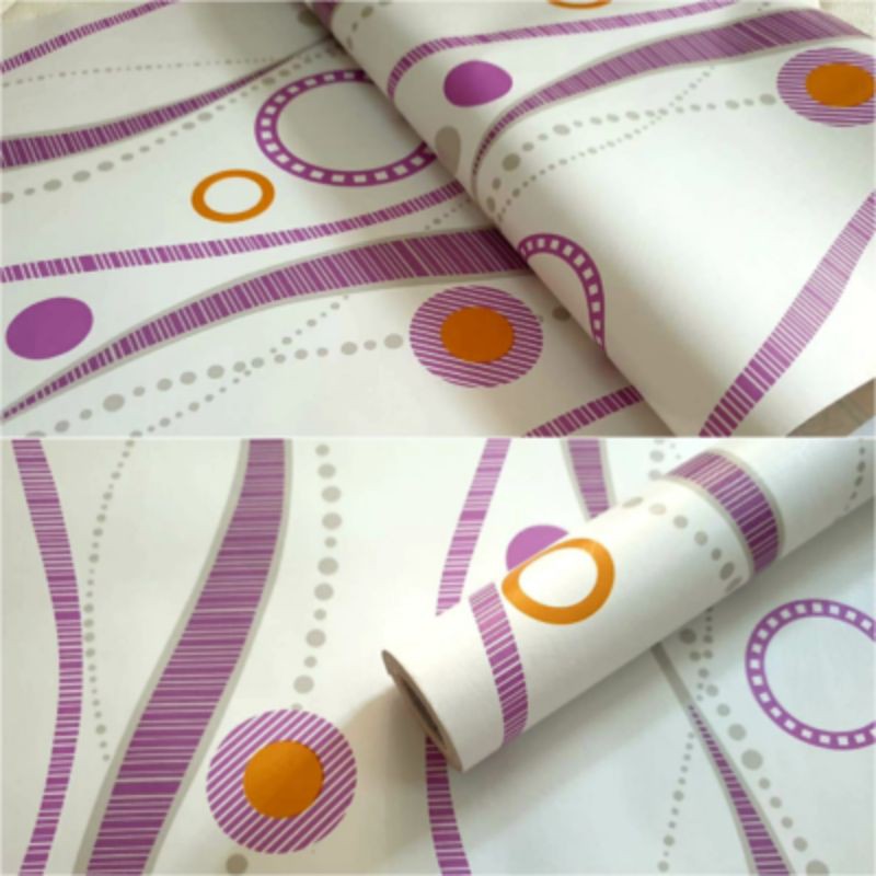 Wallpaper dinding motif putih polkadot ungu orange