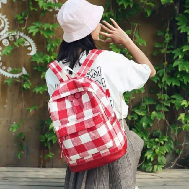 Tas Ransel Wanita Korea Motif Kotak-kotak Polos