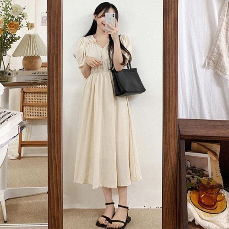 Heyjin Dress Korean Style Pakaian Wanita Midi Dress Linen Angel Premium