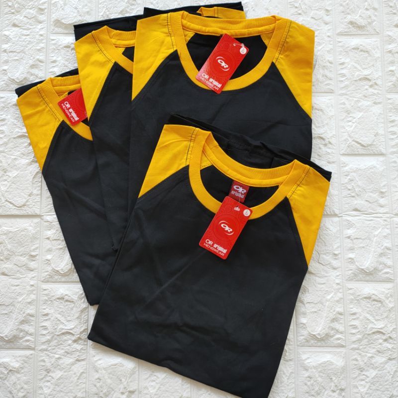 kaos raglan polos lengan 3/4 Hitam-Kuning uk m l xl xxl pria/wanita