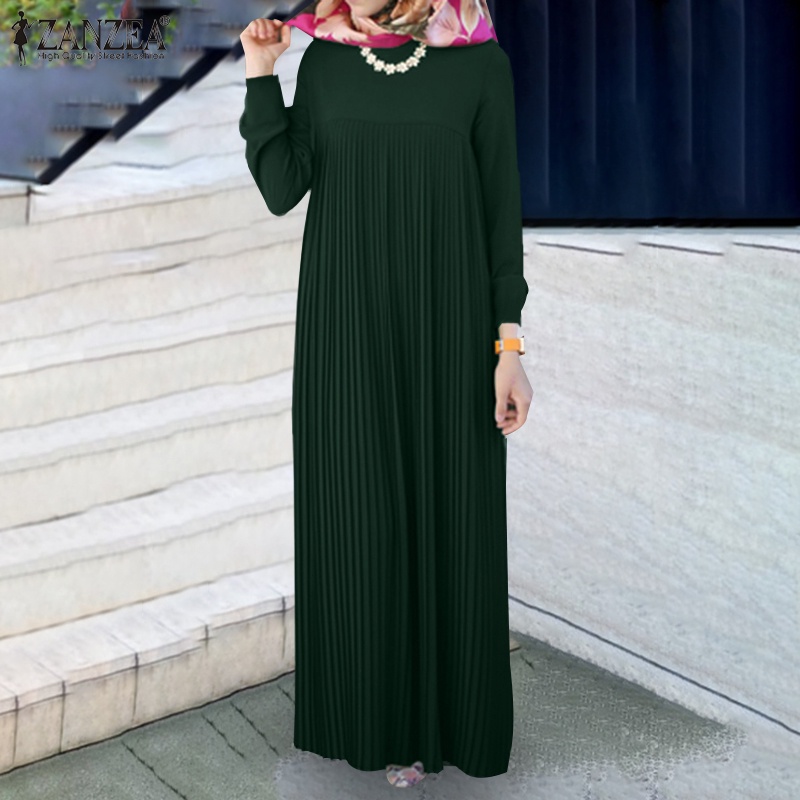 ZANZEA Women Retro Muslim Morocco Kaftan Dress Solid Full Sleeve O Neck Pleated Swing Long Dress