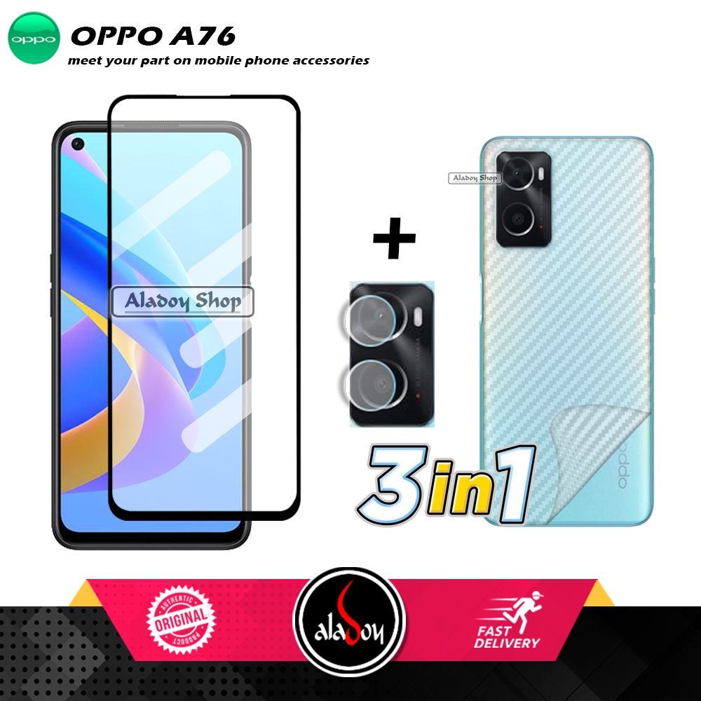 PROMO 3 IN 1 PAKET Tempered Glass Oppo A76 Free Tempered Glass Camera dan Skin Carbon