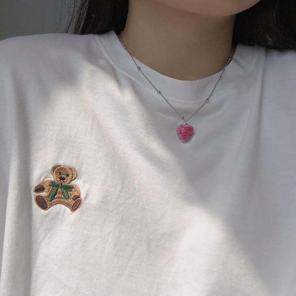 Kalung Choker Liontin Bentuk Hati Warna Pink Silver Gaya Minimalis Untuk Wanita