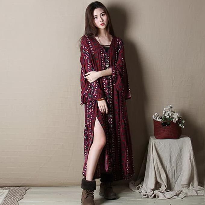 dress lengan panjang retro dress lengan panjang v neck / dress bohemia - FREE BELT, M