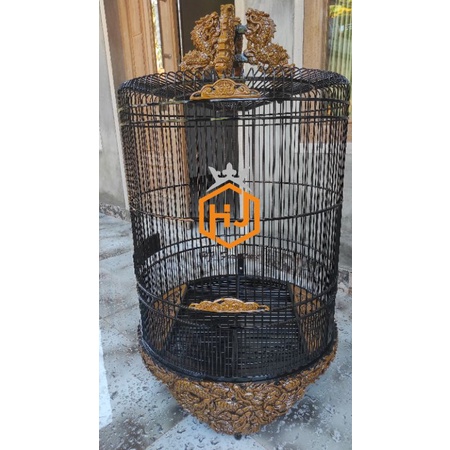 SANGKAR KANDANG BURUNG MURAI BATU MOTIF UKIR NAGA KAYU JATI FINISING NATURAL