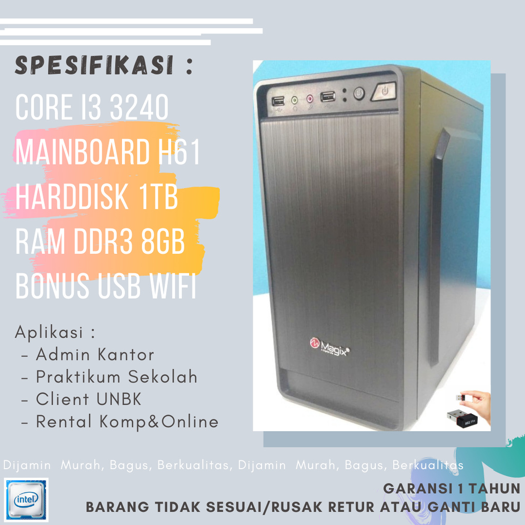 PC RAKITAN CORE i3 3240 KOMPUTER CPU HDD 1 TB RAM 8GB UNBK E18