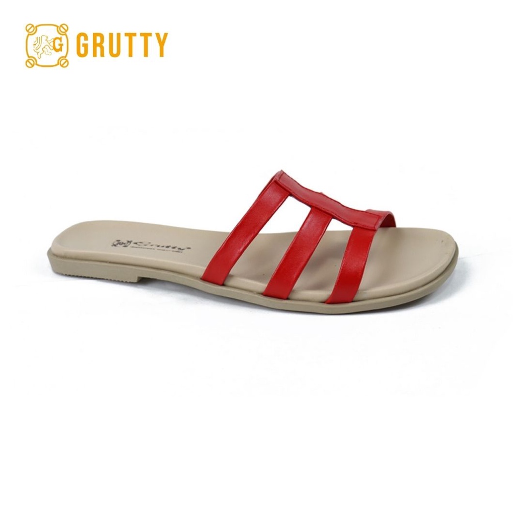 Grutty Flat Sandal Wanita Kulit asli slide sandal teplek Sandal Flat Merah Cream
