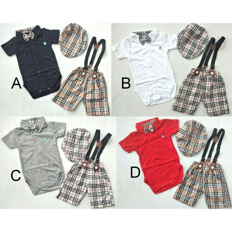 Baju pesta anak bayi laki laki setelan jumper romper suspender golf set topi dasi usia 3-12 bln C020