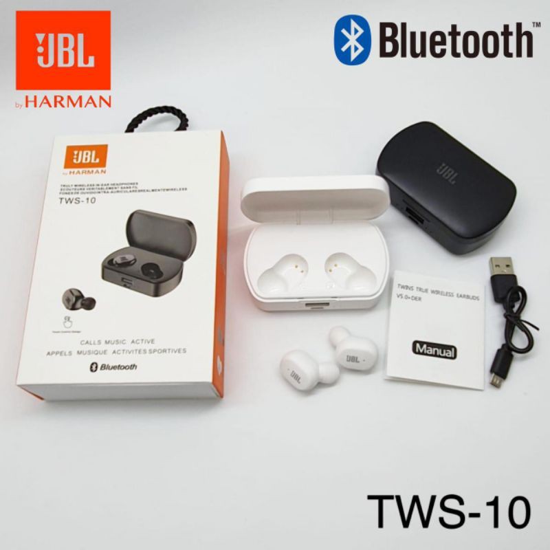 Headset Bluetooth JBL TWS 10 Wireless Earphone JBL TWS10 TWS-10 Touch - hitam dan putih