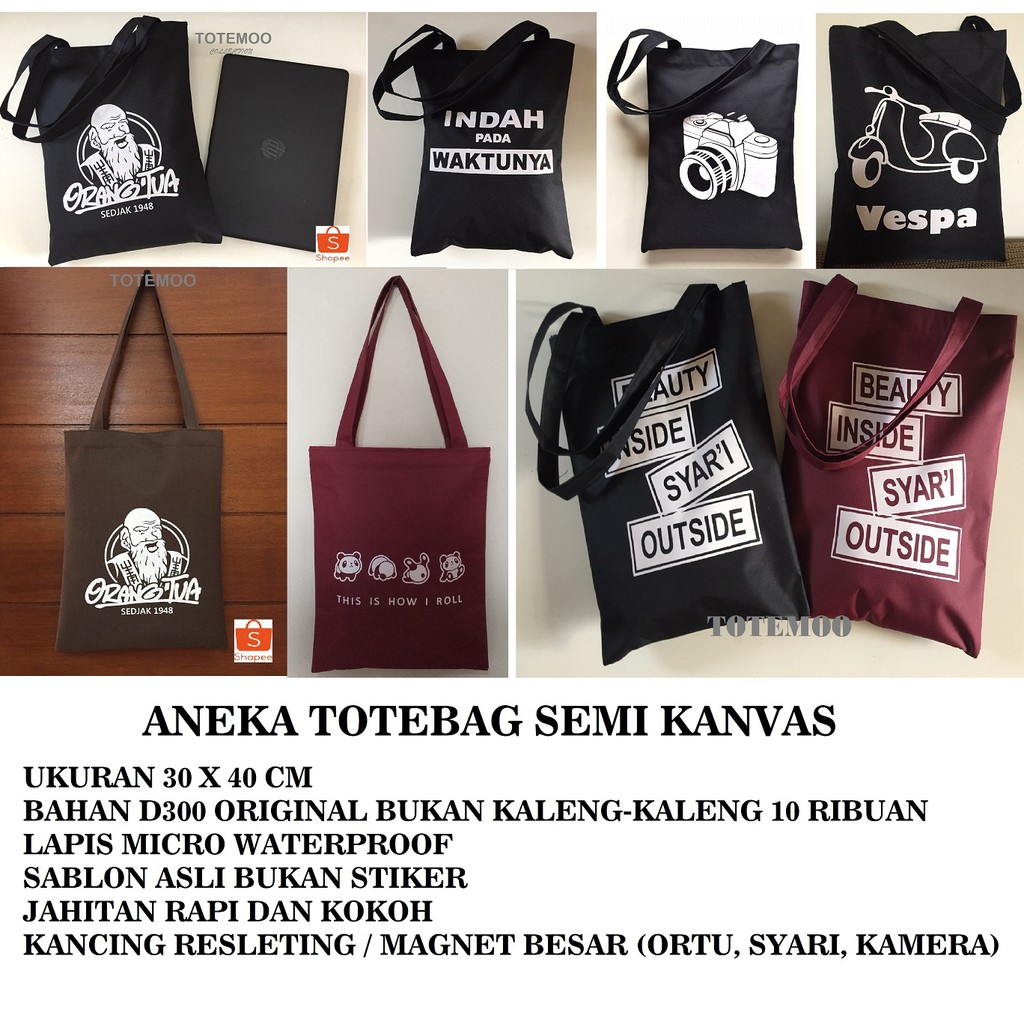 

Aneka Totebag Semi Kanvas Sablon Asli Bukan Stiker TOTEMOO