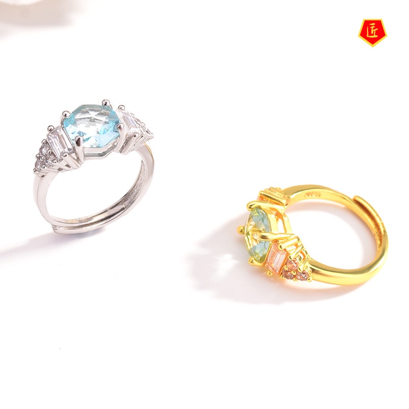 [Ready Stock]Creative Hexagon Inlaid Sea Blue Topaz Ring