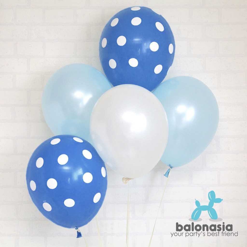 Balon Latex Mix 10 pcs (metalik biru putih, polkadot biru tua)