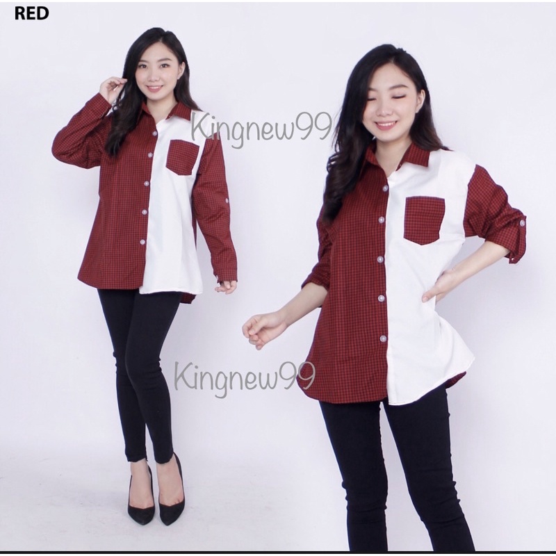 KEMEJA WANITA/ KEMEJA KOTAK KOMBINASI PUTIH SIZE XL/ XXL-Maroon