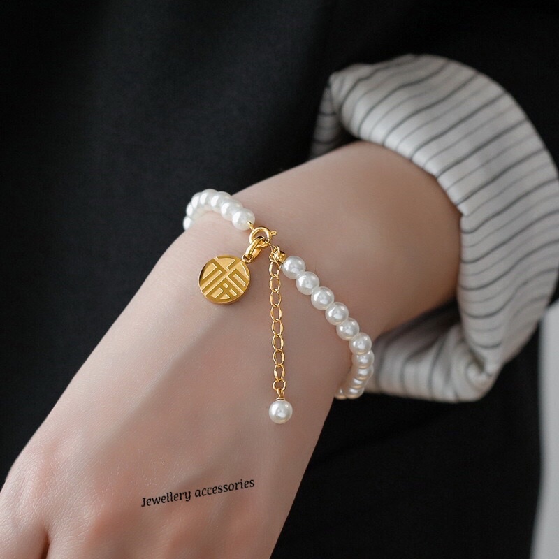 Gelang Titanium Mutiara Lucky Hoki Keberuntungan Premium Trending Fashion