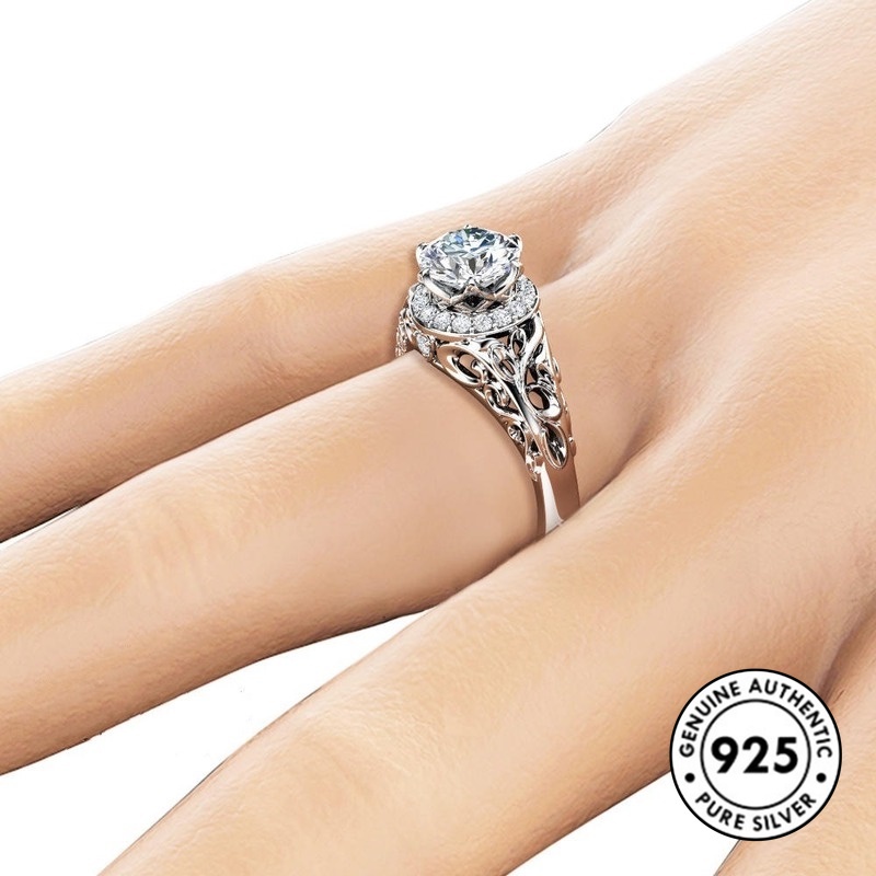 Cincin Sterling Silver 925 Model Hollow Dengan Berlian Imitasi Untuk Wanita