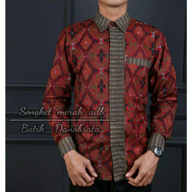 Batik Danabrata Pekalongan Motif Songket Merah Size M L Xl Xxl Kemeja Batik Lengan Panjang Reguler