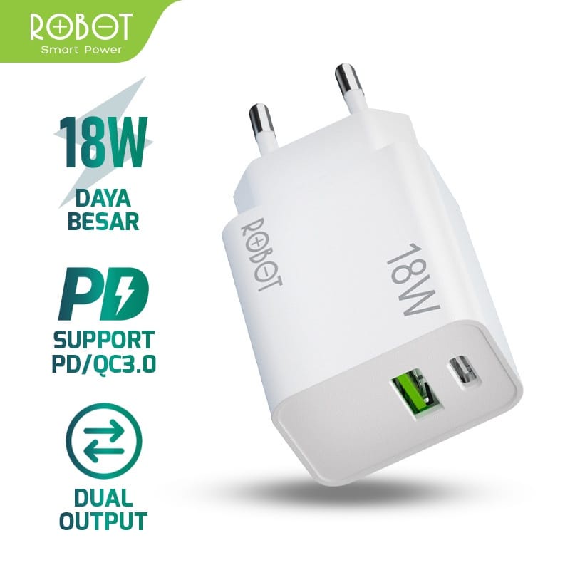 A_   Robot Adaptor Charger RT-F2 Batok Charger 18W Dual Port USB-A dan USB-C Quick Charging Garansi Original Resmi