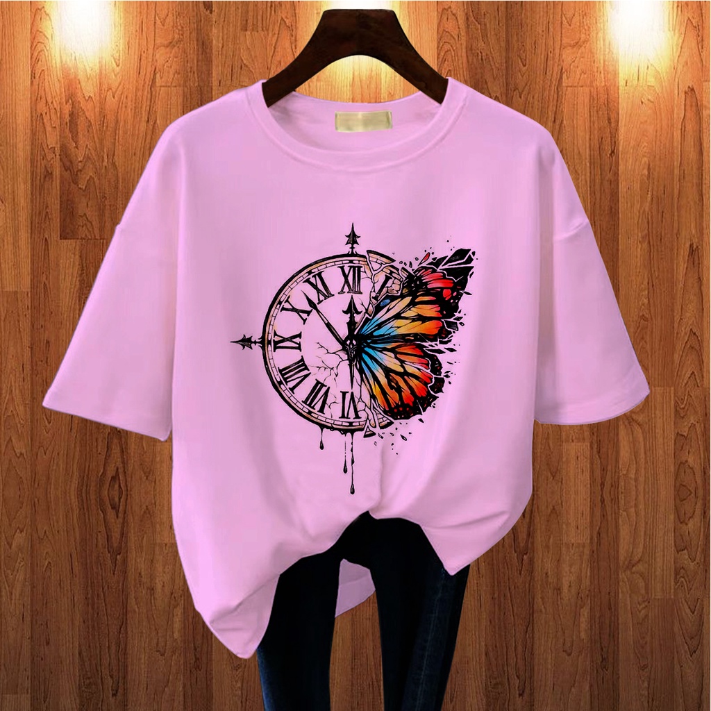 CALVIERO SHOP - BAJU KAOS WANITA DEWASA PRINT BUTTERFLY CLOCK CASUAL T SHIRT